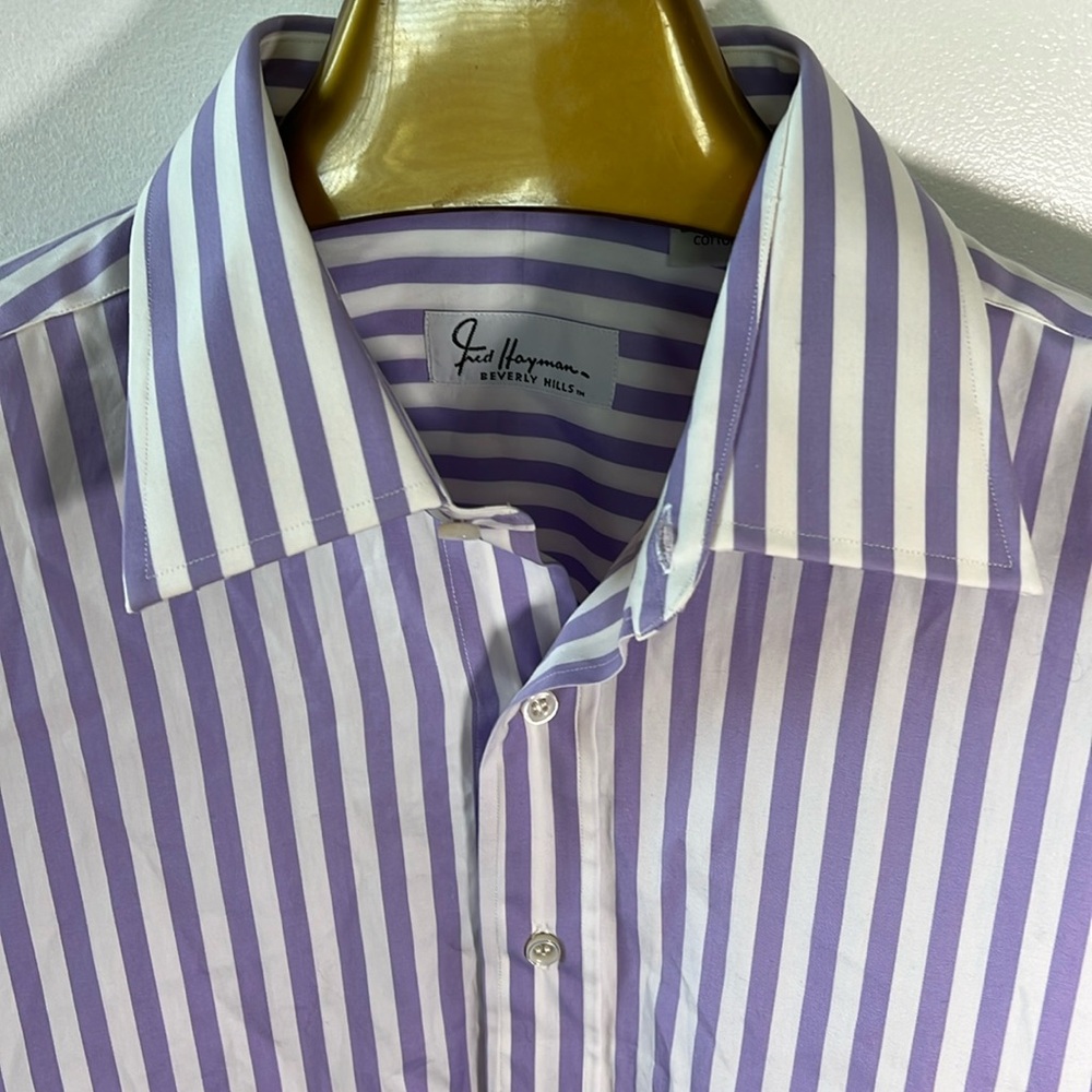 Vtg FRED HAYMAN lavender purple white stripe button down shirt size 42 dapper